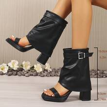 黑色筒状女式凉靴，欧美朋克风时尚凉鞋，粗跟方头高跟百搭优雅街头风休闲办公通勤日常假日晚宴凉鞋 - 黑色 - 查看 5