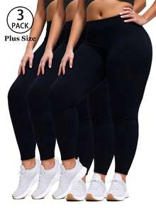 3条装加大码女士休闲黑色打底裤，柔软弹力健身运动裤，适合户外散步、购物、度假、居家、瑜伽、塑形春季穿着 - 黑色 - 查看 1