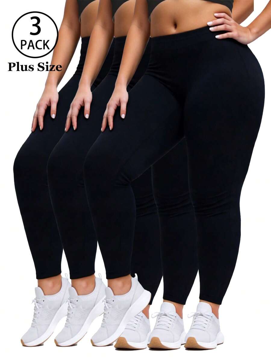 3条装加大码女士休闲黑色打底裤，柔软弹力健身运动裤，适合户外散步、购物、度假、居家、瑜伽、塑形春季穿着 - 黑色 - 查看 1