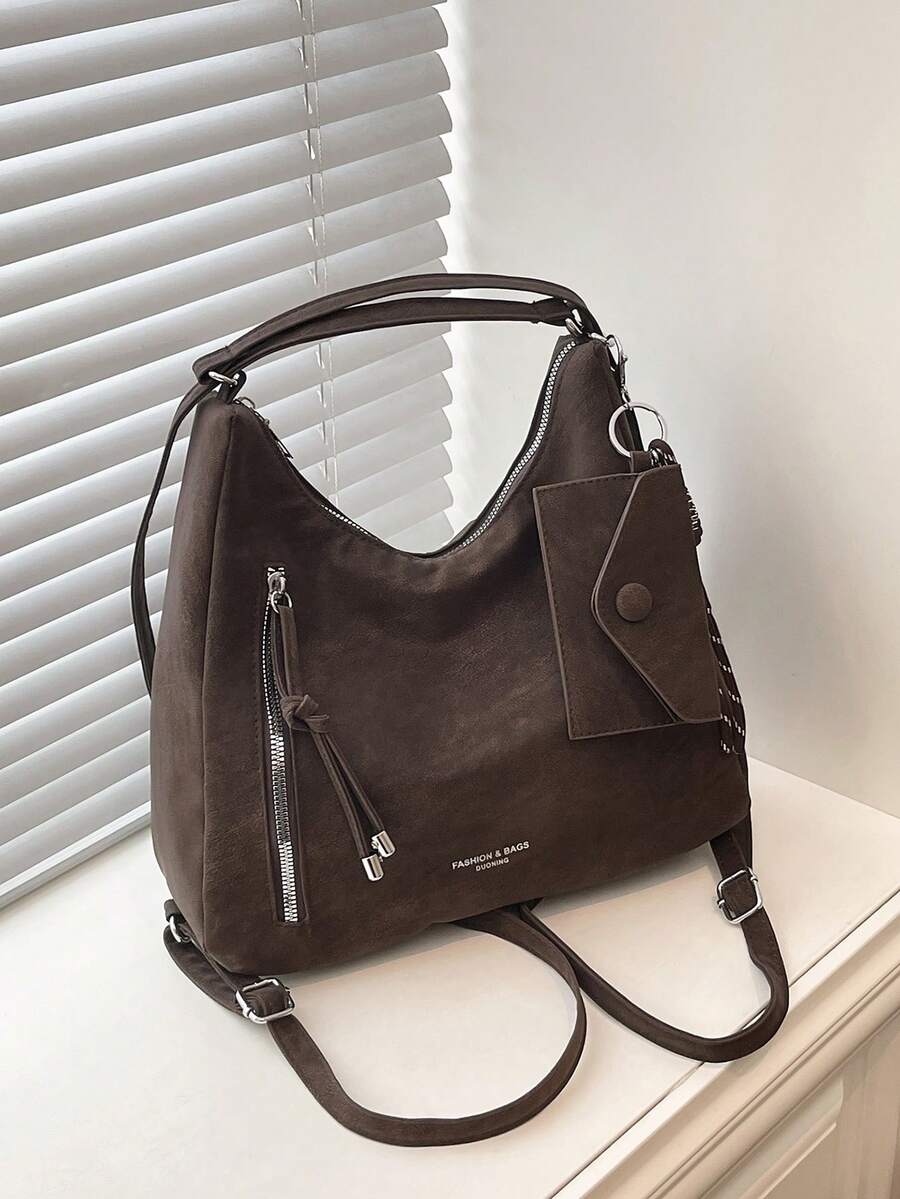 Large Capacity Women's Backpack, New Design, Niche Brand, Commuter Dual Shoulder Backpack & Crossbody Bag - Coffee - View 1