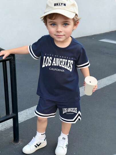 2pcs/Set Boys' Casual Letter Graphic Short Sleeve T-Shirt And Shorts Set