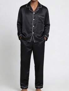 Snug League Two Pieces Sets Men's Pajamas Autumn And Winter Long Sleeved Top & Pants Satin Silk Home Wear Sleepwear Set, Fall Clothes - Black - View 7