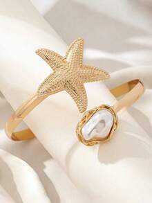 1pc Fashionable Minimalist Adjustable Gold Starfish & Faux Pearl Bracelet, Suitable For Women Beach Vacation