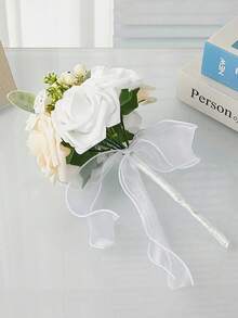 1pc Bride's Multi-Head Lace Bouquet, Contrast Lotus Leaf & Rose Bouquet, Bridesmaid Ribbon Bow Bouquet, Valentine's Day Proposal Petite Bouquet, Outdoor Wedding Bride's Bouquet, Romantic Wedding Photography Prop