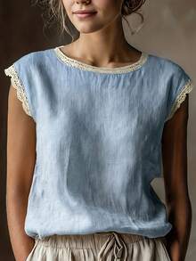 Retro-Style Linen Sleeveless Top For Women, Lace Trim, Round Neck, Loose Fit, Slimming, Breathable Linen Blend T-Shirt For Summer. - 藍色 - 查看 9