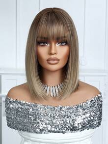 14英寸渐变棕金色女士假发，短直波波头刘海假发，耐热合成纤维，女士基础款波波头刘海假发，金色假发，哑光质感，高温丝，玫瑰网帽，自然逼真，新手必备，高品质，佩戴舒适，送给女朋友的礼物，完美适用于音乐节、日常佩戴、婚礼、万圣节、圣诞节、母亲节和毕业典礼等场合，时尚必备单品 - 金色 - 查看 3