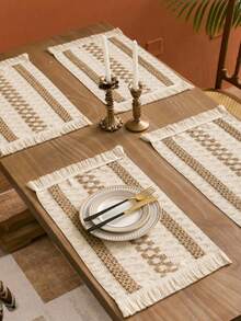 1pc Bohemian Style Tassel Table Runner, Farmhouse Striped Design In Beige, Brown, Green, Made Of Polyester Macrame, Suitable For Dining Room, Bedroom, Living Room Decor, Living Room Striped Tassel Decor - Camel - View 12