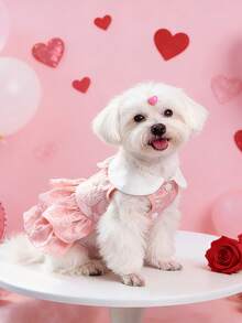 Vestido de mascota de encaje rosa para el Día de San Valentín - Falda con volantes en capas con cuello blanco y decoración de moño para perros pequeños - Rosa - Ver 2