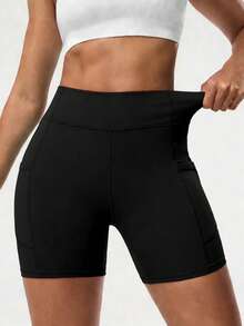 Spring/Summer Women's Plus Size Black High-Waisted Tight Yoga Shorts, Side Pockets, Slim Fit, Suitable For Cycling, Running, Fitness Training, Daily Wear - Black - View 6