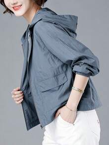 Abrigo convencional para mujeres Chaqueta ligera de manga larga con capucha, color liso, corta y con protección solar, con bolsillos. Ropa deportiva informal para exteriores para primavera, otoño y verano. Prendas de abrigo para mujer. - Gris - Ver 6