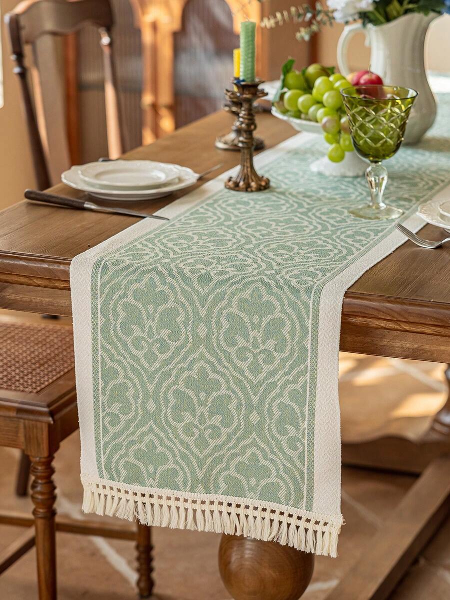 1pc Waterproof Table Runner With Tassel Decor, Suitable For Home, Party, Hotel, Restaurant Table Decoration - Green - View 1