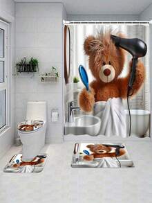 4件套时尚毛绒熊浴帘套装,包含防滑地毯、马桶垫、浴室垫、不透明浴帘和12个耐用挂钩,高品质浴室装饰配件,适合所有家具风格。 - 彩色 - 查看 22