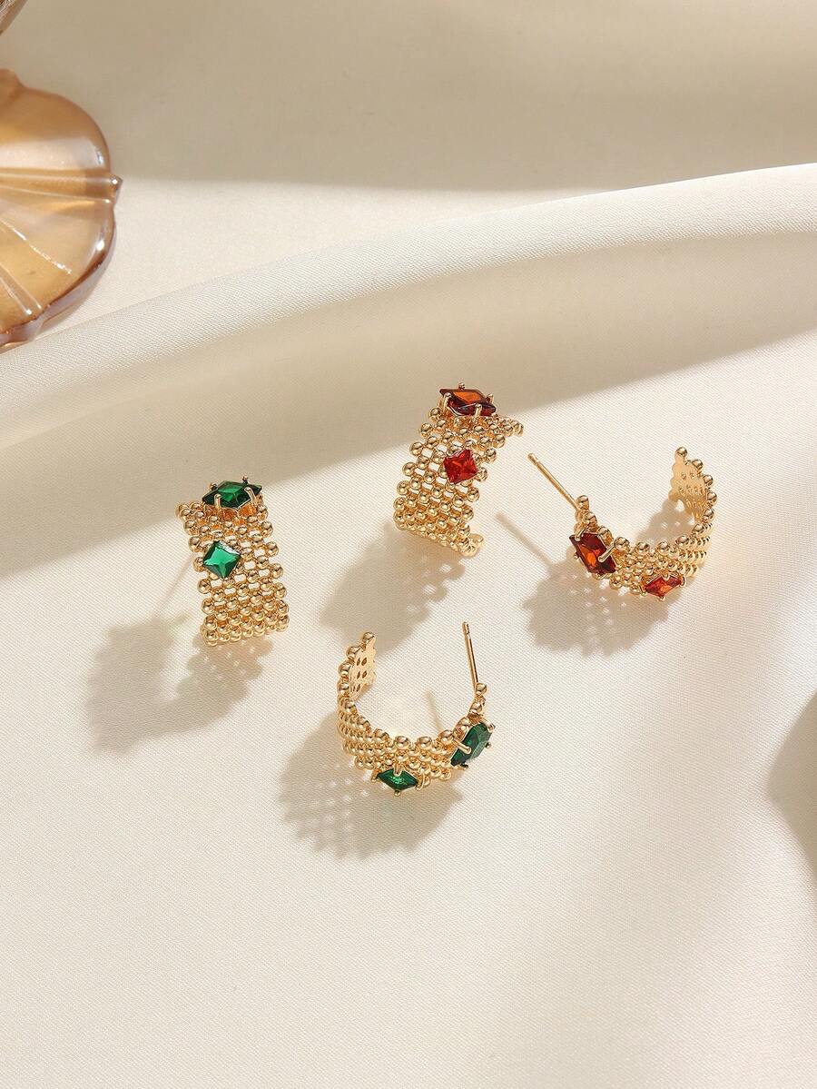 Vintage Textured C-Shaped Earrings With Gilded Finish, Embedded Zirconia Stones, Luxurious Feel, Suitable For Daily Wear And Gift-Giving - Multicolor - View 1