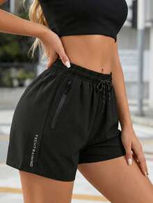 Women's Running Shorts, Summer Active Bottoms With Zipper Pockets For Gym & Workout, Athletic Shorts Sports - Black - View 2