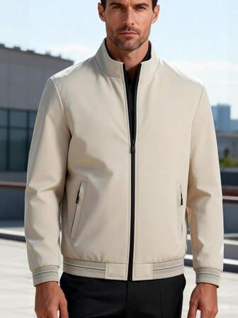 Men's Stand Collar Pocket Zip Front Casual Lightweight Jacket, Spring/Autumn Daily Wear