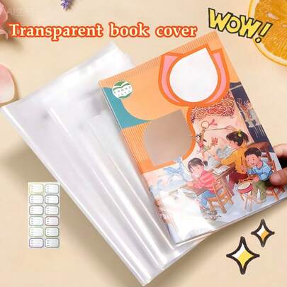 10个透明书套，加厚防水保护套，适用于小学生，耐磨可重复使用，像盔甲一样保护书籍，适用于多种尺寸，防止书页卷边。