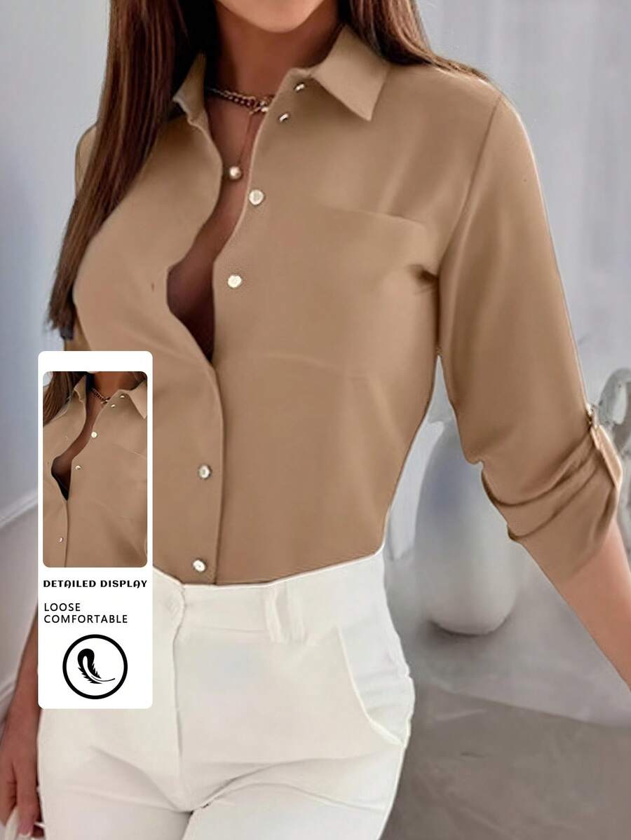 Women's Fashion Button-Down Shirts - Long Sleeve Lapel Elegant Women's Shirts, No-Iron Professional Tops With Pockets Rodeo Outfits For Women Valentines Day Outfit Spring Outfits For Women Festival Outfits For Women Concert Outfit Women Prom Dress Womens Tops Spring Break Outfits Brunch Outfits For Women Valentines Clothes Summer Outfits - 杏色 - 查看 1
