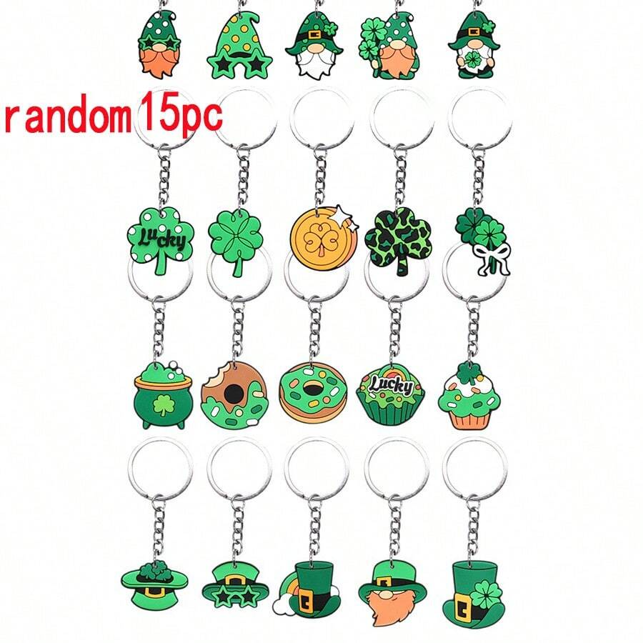 15个圣帕特里克节钥匙扣 - 幸运草、甜甜圈、帽子钥匙扣，圣帕特里克节礼物，随机幸运草/小妖精/高顶礼帽钥匙扣，适合儿童和成人，可用于包包装饰，圣帕特里克节主题小妖精甜甜圈帽子钥匙扣派对用品 - 彩色 - 查看 1