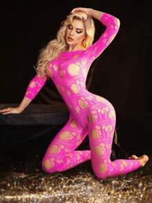 Women's Sexy Lingerie Jumpsuit, Off-Shoulder Fishnet Jumpsuit - Hot Pink - View 3