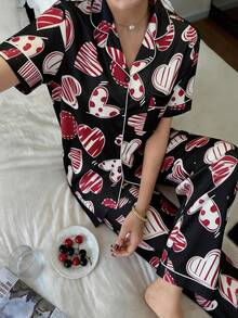 女士爱心印花翻领短袖上衣和长裤睡衣套装，休闲家居服两件套，春夏款 - 黑色 - 查看 6