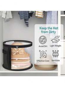 1个圆形可堆叠透明布艺帽子收纳盒，超大容量，耐用塑料材质，适用于牛仔帽、遮阳帽、沙滩帽等，轻便防污，带透明窗口、双拉链和加固提手，也可用于收纳衣物、玩具、日常通勤用品等，是春季、圣诞节、万圣节、新年礼物的理想之选。 - 彩色 - 查看 3