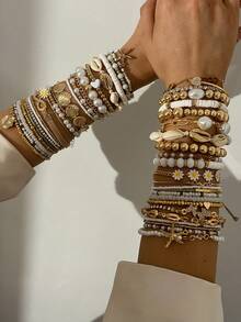 17KM 14/7/5件套简约时尚波西米亚风手链套装，包含心形、海星、仿贝壳、蝴蝶、雏菊、8字形水晶、仿珍珠等元素，适合女性、情侣、姐妹、度假、约会、日常佩戴、派对、情人节等场合。 - 彩色 - 查看 3