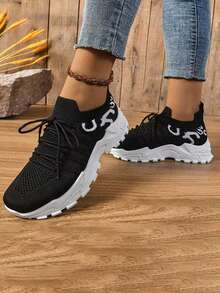 Women's Fashionable Breathable Lightweight Slip-Resistant Mesh Sneakers - White Flat Casual Shoes For Spring/Autumn & Campus - 黑色 - 查看 3