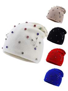 1pc Women's Fashion Colorful Rhinestone Brooch Punk Style Slouchy Knit Beanie Hat, Warm Woolen Cap For Autumn/Winter Outfits And Travel - A - View 1