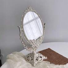 Retro Carving Desktop Mirror With Stand - Countertop Makeup Vanity Mirror For Bedroom And Bathroom - As Pic - View 5