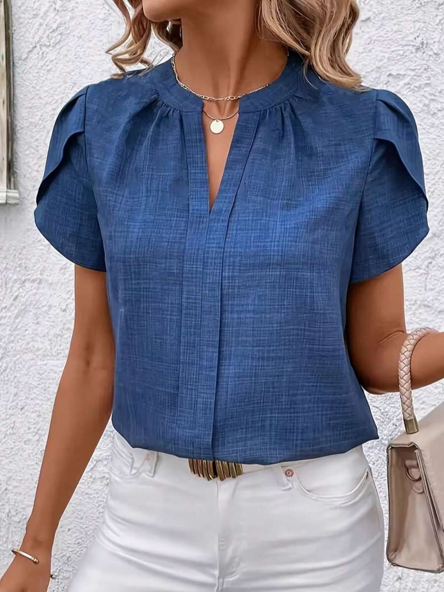 女士纯色V领优雅泡泡袖上衣，百搭日常穿搭，大码夏季上衣