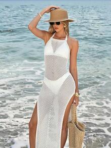 MORI 2026春夏新款白色吊带针织连衣裙，高开衩设计，镂空露背，斜纹纹理，优雅柔美，轻松打造时尚造型，适合浪漫假期、泳池派对、海滩度假、音乐节等各种场合。 - 杏色 - 查看 4