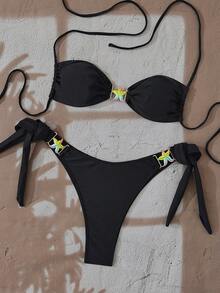 Sexy Halter Neck Women's Bikini Swimsuit, With Criss-Cross Back Straps, Side Tie Bottom, And Knotted Details - Black - View 6