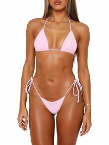 Women Triangle Bikini Sets Halter Two Piece Swimsuit String Tie Side Bathing Suit - Pink - View 2