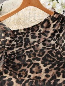 女士时尚休闲度假豹纹网纱透视露肩长袖上衣 - 咖啡棕 - 查看 5