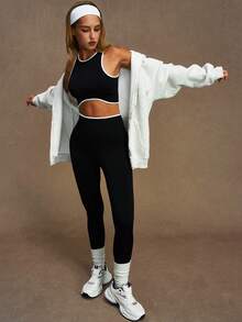 VVX Bộ đồ tập thể dục nữ 2 mảnh phối màu, áo ngực thể thao cổ yếm có đệm mút tháo rời, quần legging cạp cao ôm bụng, không đường may, phối viền tương phản, thích hợp cho phòng tập, hoạt động thể thao, mặc hàng ngày, mọi mùa. - màu đen - Xem 4