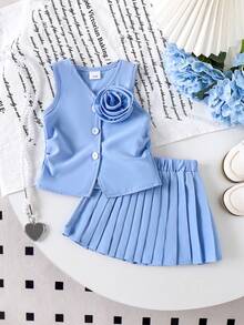 2件套女婴休闲简约3D蓝色花朵上衣和百褶裙套装，夏季 - 淺藍色 - 查看 1