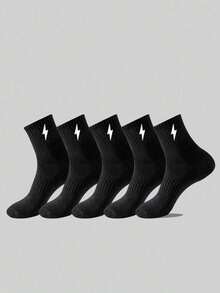 5 Pairs Boys & Teens Lightning Bolt Mid-Calf Socks, Black/White Basketball Sports Mid-Calf Socks, Soft Breathable Socks, Student Socks, Casual Long Socks, Suitable For All Seasons, Daily Wear And Outdoor Sports, Back To School - Multicolor - View 19