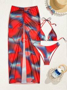 Bikini de 3 piezas para mujer de la marca WaveBikini, con un elegante degradado de rojo a azul - Multicolor - Ver 2