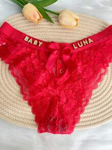 1pc Customized Women's Panties, Personalized Crystal Letter Name Lingerie, Sexy Lace Breathable Bikini Underwear, Waistband Bow Hollow Sexy Low-Waist V-Shape Panties, DIY Shiny Crystal Letter Name, Date Anniversary Panties, Customized Wedding Gift, Bridal Panties, Anniversary Gift, Valentine's Day Gift, Birthday Gift, Wedding Gift, Gift For Her/Girlfriend/Wife - Red - View 3