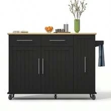 Kitchen Island With Drop-Down Front, Serving Cart With 3-Tier Pull-Out Organizer, Internal Storage Shelf, Rolling Trolley With Towel Rail And 2 Drawers For The Dining Room, White - 黑色 - 查看 7