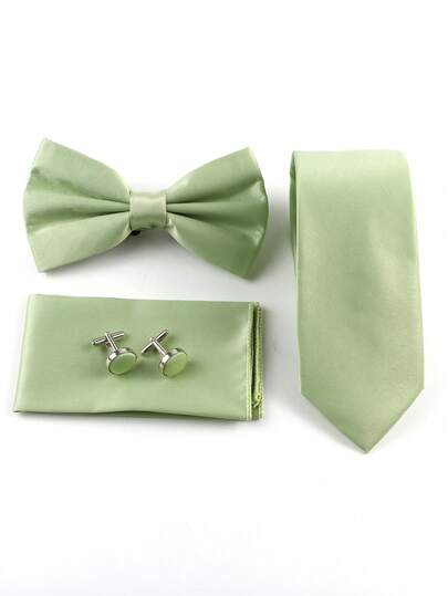 ZONFAZ 4pcs Men's Business Fashion Versatile Solid Color Polyester Necktie & Bow Tie & Pocket Square & Cufflinks Combination Set, Suitable For Weddings, Ceremonies And Daily Wear