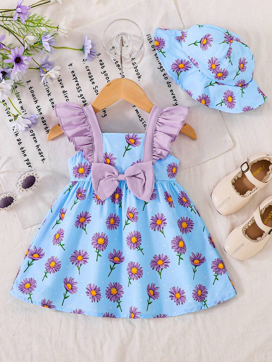 2pcs Baby Girl Floral Print Dress With Matching Hat Set, Spring/Summer - Blue - View 1