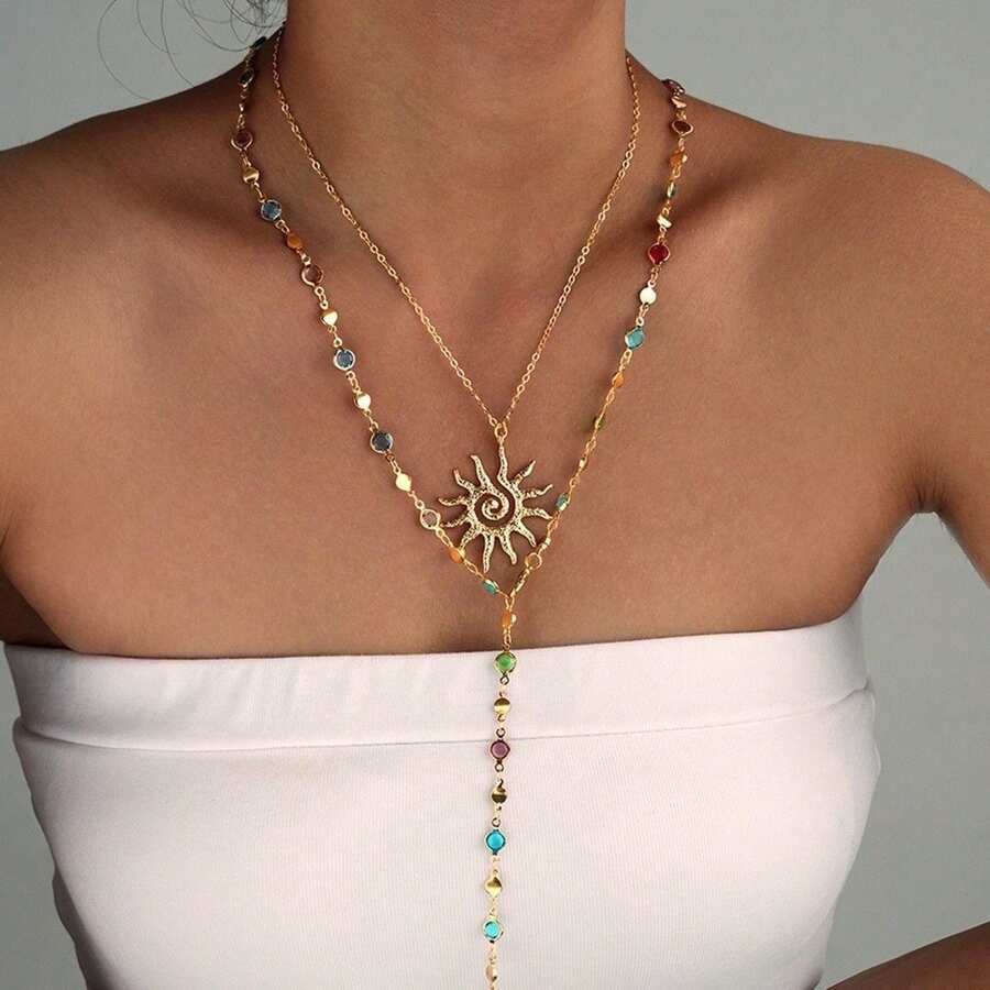 Vintage Colorful Rhinestone Multi-Layer Necklace Cross Pendant Zinc Alloy Gold Plated Stacked Wear Collarbone Chain - Style 1 - View 1