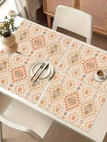 1pc Geometric Pattern Printed Table Runner, 4pcs Geometric Pattern Printed Placemats, Suitable For Holidays, Parties, Birthdays, Dinners, Kitchen & Dining Room Table Decor, Applicable For All Seasons, Home Textile Decoration - Multicolor - View 8