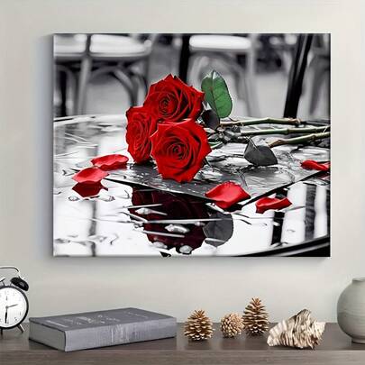 A Adult Paint-By-Numbers Kit Suitable For Beginners - Includes Acrylic Paints, Canvas, Three Brushes, And An Instruction Manual |   Acrylic Painting Of A Red Rose On A Black Table With Petals And Reflections Showcasing Romantic Charm |   40X50Cm/15.7X20