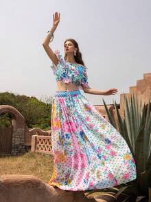 Faeriesty 2-Piece Elegant Open Shoulder Outfit: Embroidered Cropped Top With Ruffle Trim; High-Waisted Printed Maxi Skirt With Elastic Drawstring Waist; Mixed Prints; Lightweight And Flowing Fabric - Perfect For Destination Wedding Guest, Boho Bride Photoshoot, Garden Party, Vacation, Romantic Getaway Summer - Multicolor - View 8