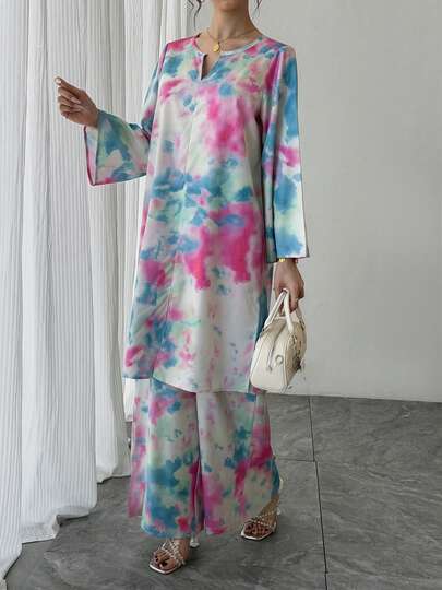 2pcs Set: Tie-Dye Print V-Neck Ruffle Sleeve Long Sleeve Maxi Dress + Tie-Dye Print Elastic Waist Wide Leg Pants, Elegant Arabic Style Formal Outfit For Party, Holiday, Everyday Wear