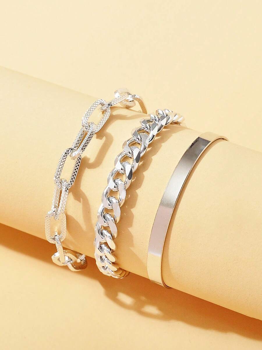 3件套朋克风镀金金属链手链，时尚饰品 - 鏈條手鍊三件套裝 - 查看 1