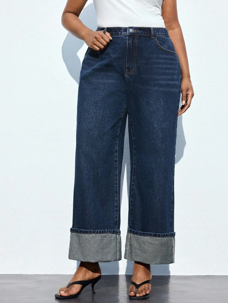 Pretty and Ole Plus Size High Waist Straight Jeans With Folded Hems, Ankle Pants, Comfortable Elastic Waistband, Retro Denim Fall Women Clothes - Dark Wash - View 3