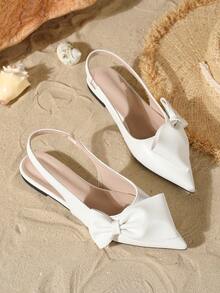 New Fashion Women's Pointed Toe Mary Jane Shoes With Bow Tie, Casual Flat Sandals For Spring/Summer - White - View 6